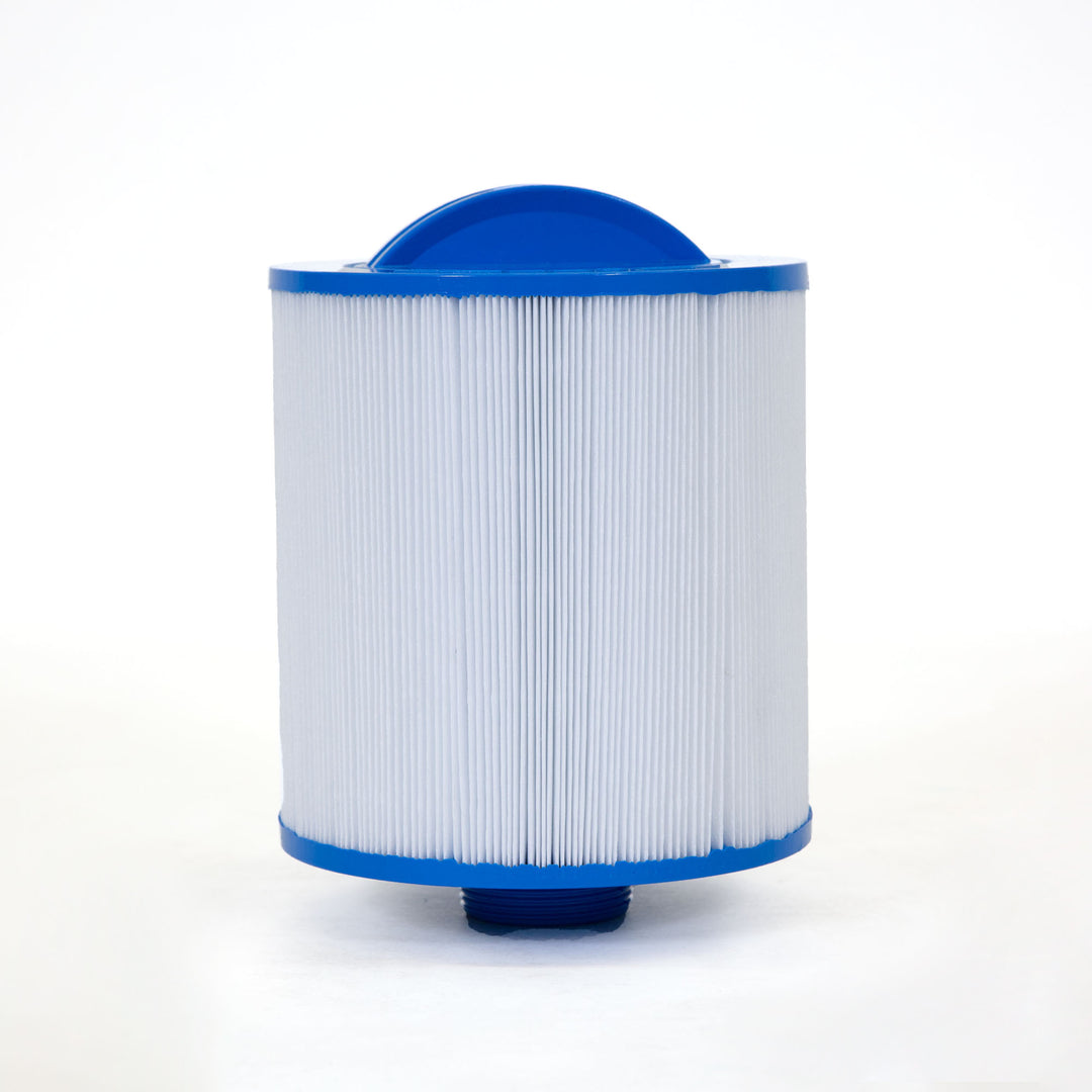 cylindrical white pleated pool filter cartridge with blue plastic caps on top and bottom