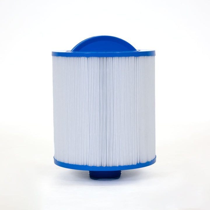 cylindrical white pleated pool filter cartridge with blue plastic caps on top and bottom