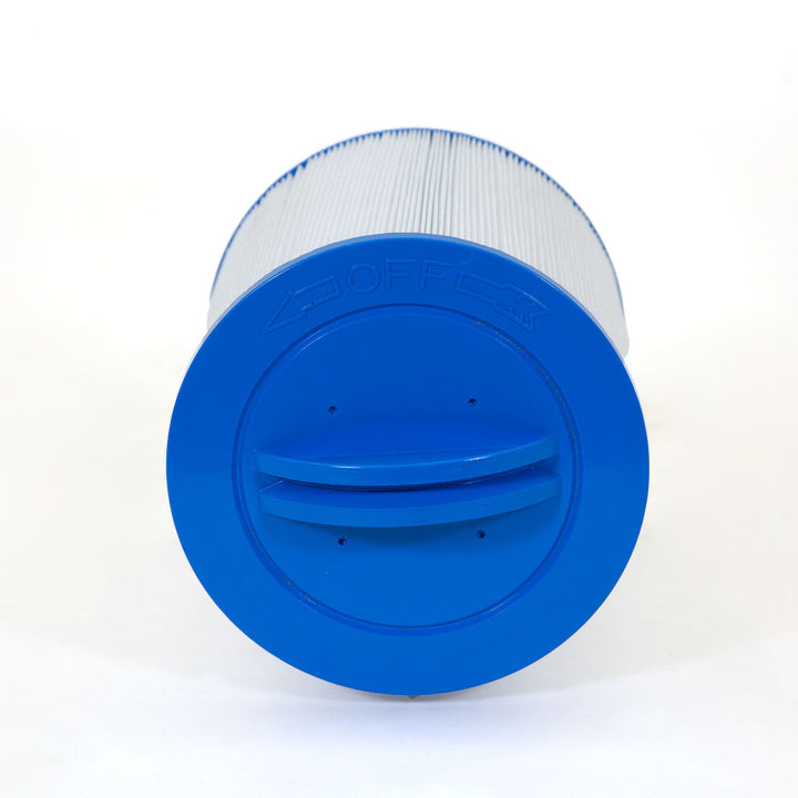 cylindrical cartridge filter with white pleated surface and a blue end cap marked with off and directional arrows