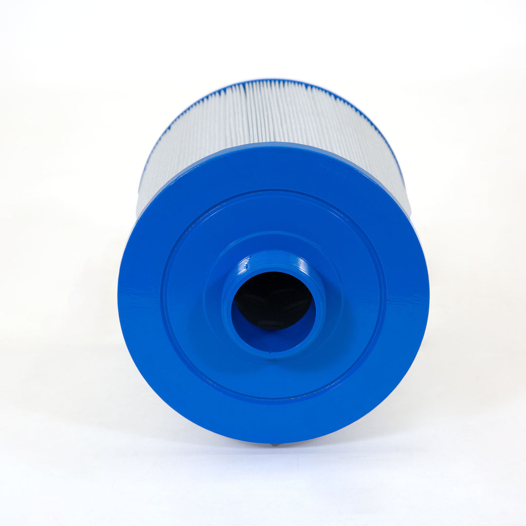 cylindrical pool filter cartridge with white pleated material and blue plastic end caps shown against white background