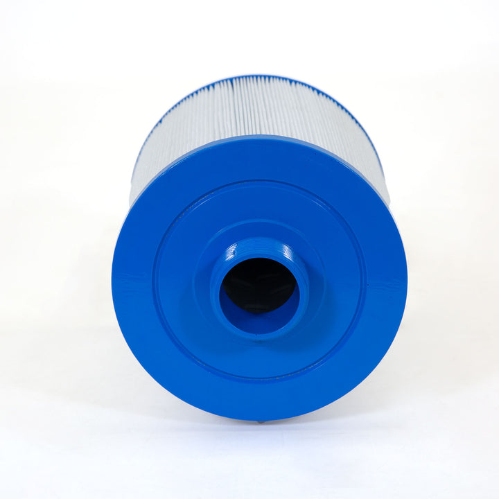 cylindrical pool filter cartridge with white pleated material and blue plastic end caps shown against white background
