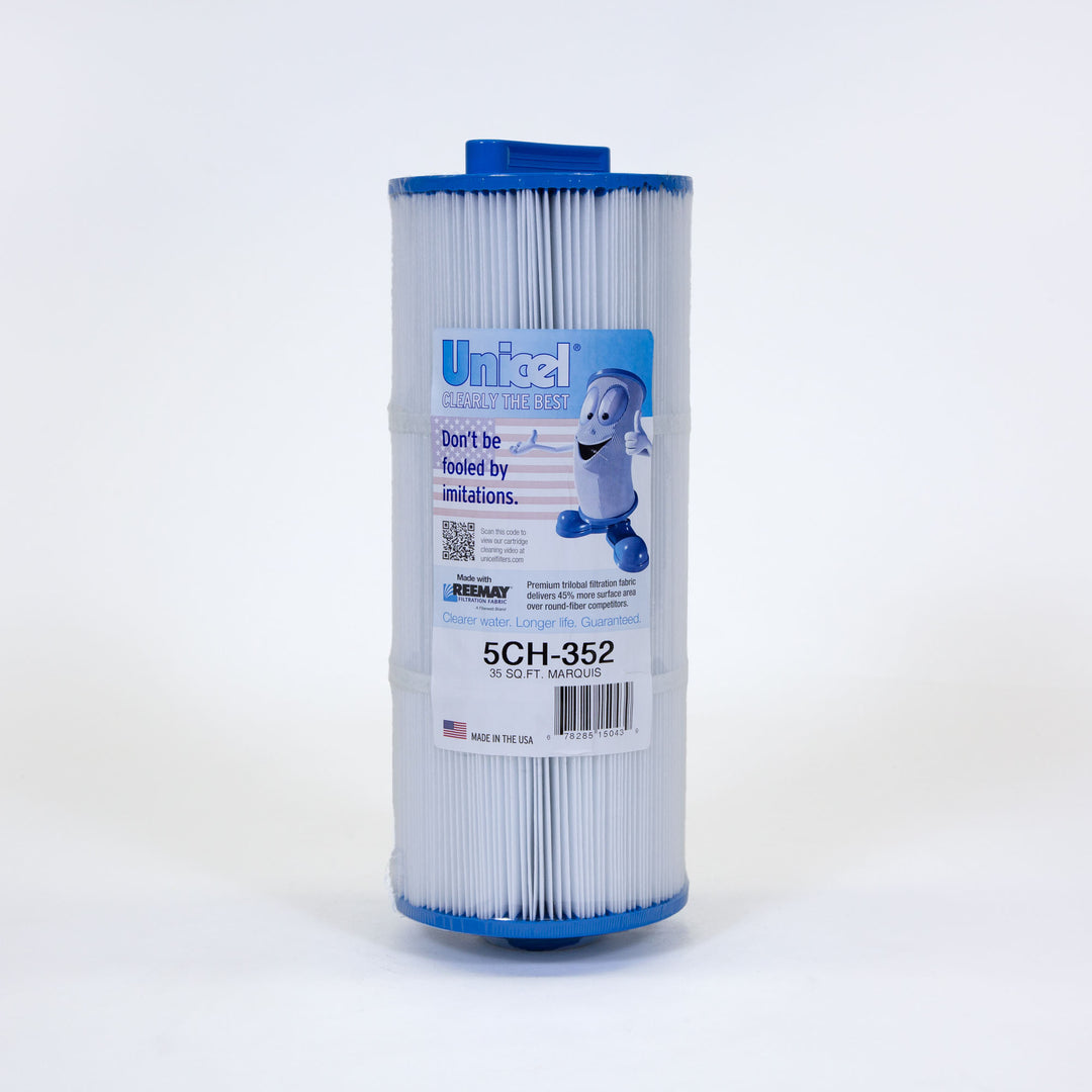 cylindrical pool filter cartridge with blue plastic ends and white pleated filtration fabric standing upright on white background