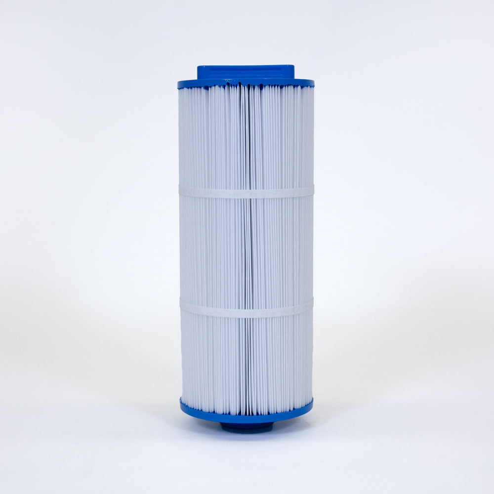 cylindrical replacement filter cartridge with blue plastic ends and white pleated filtering material