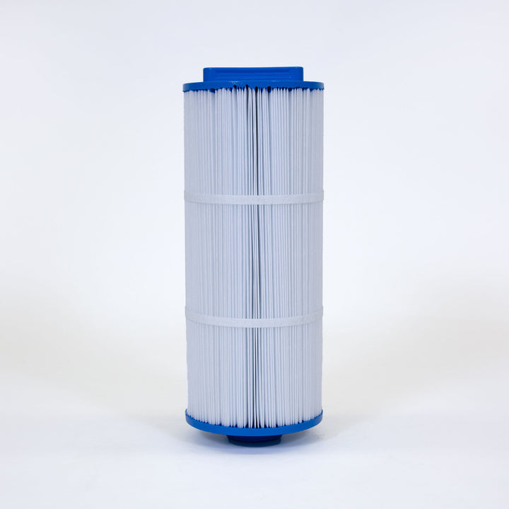 cylindrical replacement filter cartridge with blue plastic ends and white pleated filtering material