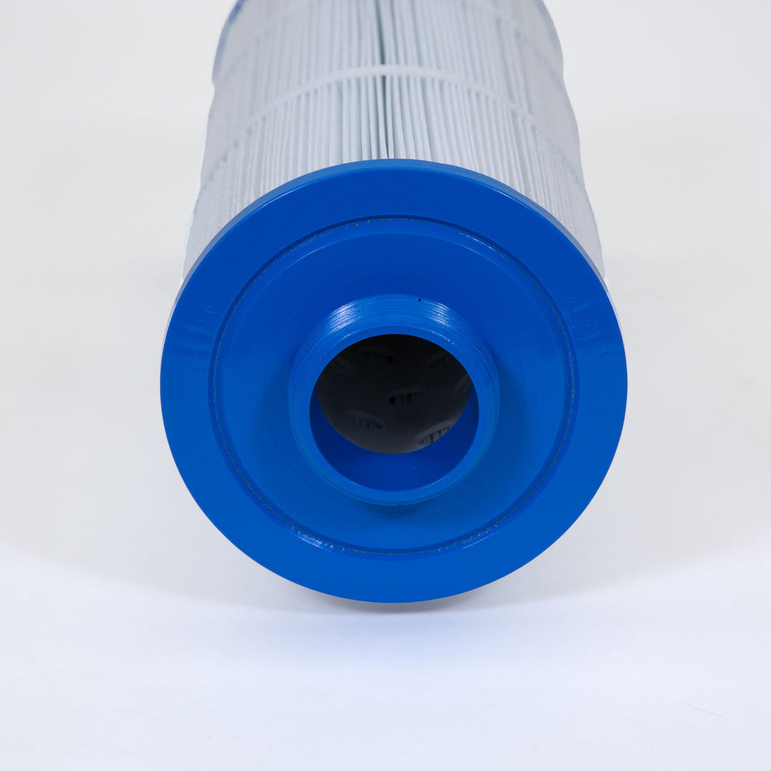 cylindrical white pleated spa filter cartridge with blue plastic circular end and central hollow opening