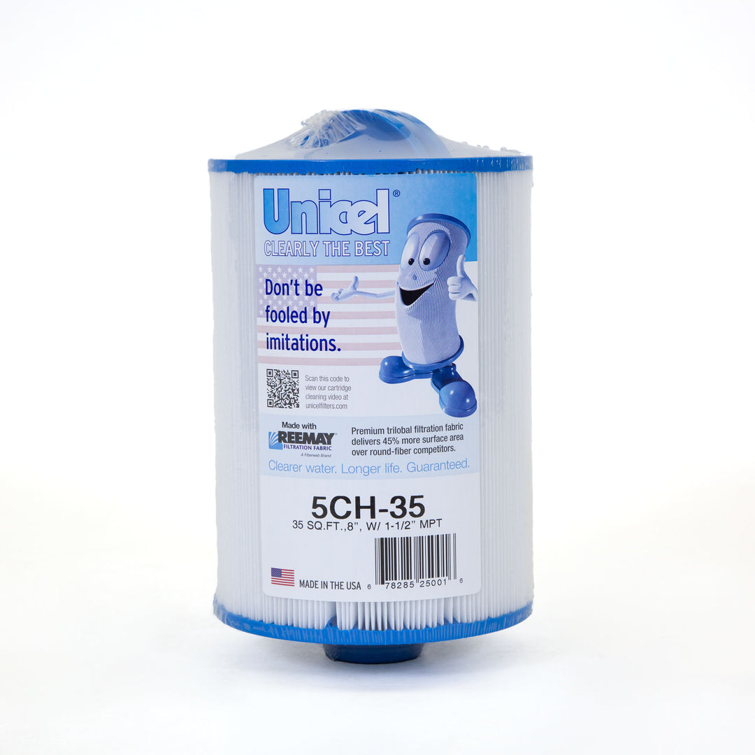 cylindrical white pool filter cartridge with blue plastic ends and a label featuring a cartoon filter character giving thumbs up