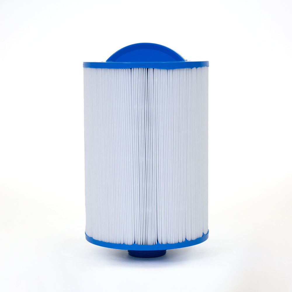 Cylindrical replacement filter cartridge with pleated white material and blue end caps against a white background