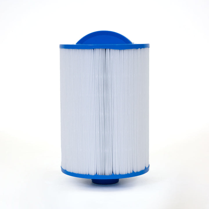 Cylindrical replacement filter cartridge with pleated white material and blue end caps against a white background