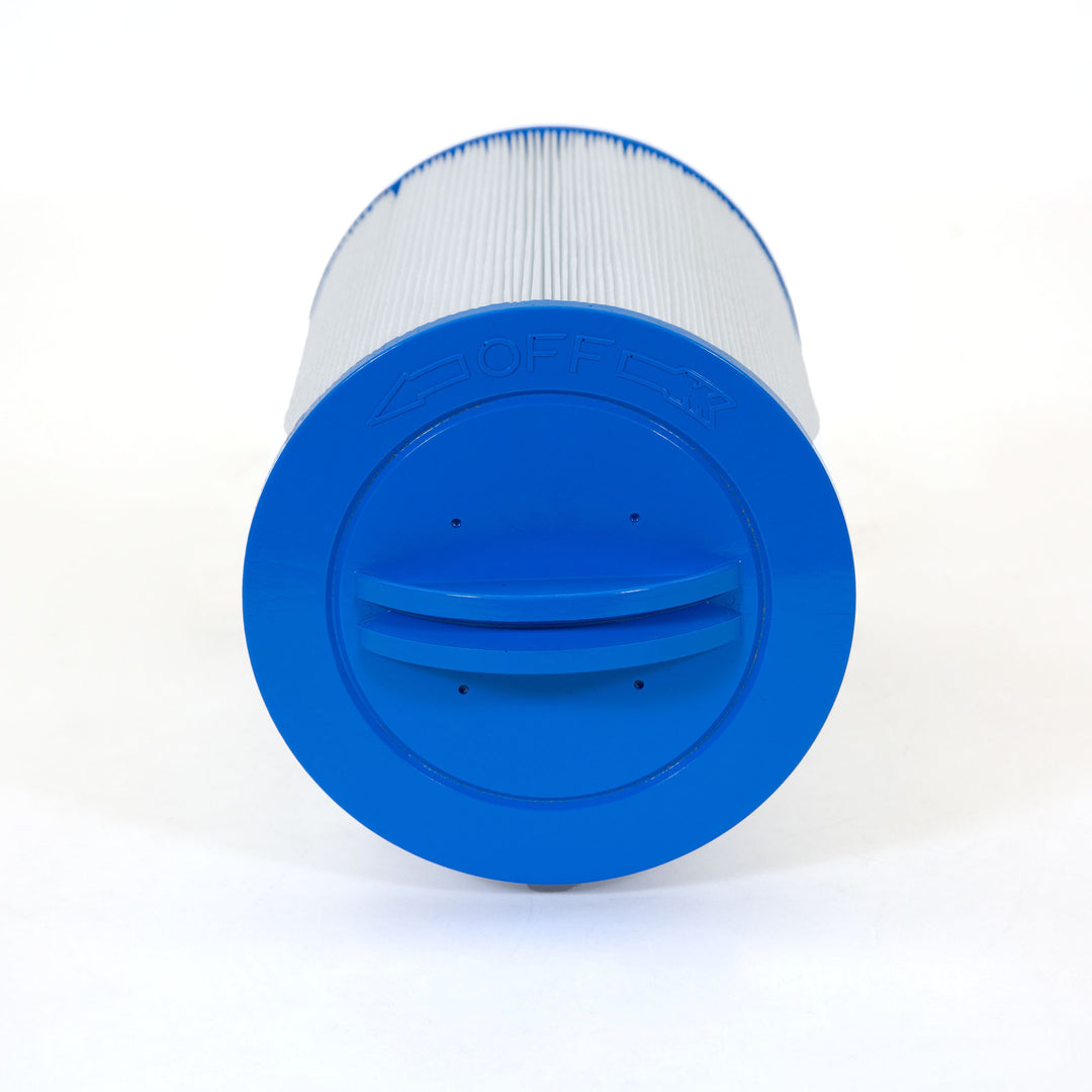 cylindrical pool filter cartridge with white pleated material and a blue plastic end cap marked with off and arrows