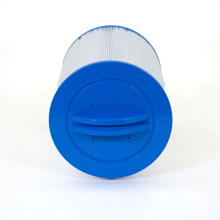 cylindrical pool filter cartridge with white pleated material and a blue plastic end cap marked with off and arrows