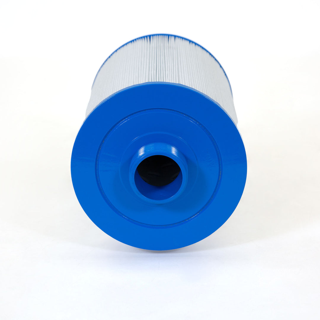 Cylindrical pool filter cartridge with white pleated material and blue plastic end caps on a white background