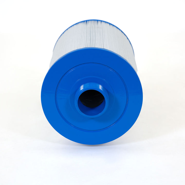 Cylindrical pool filter cartridge with white pleated material and blue plastic end caps on a white background