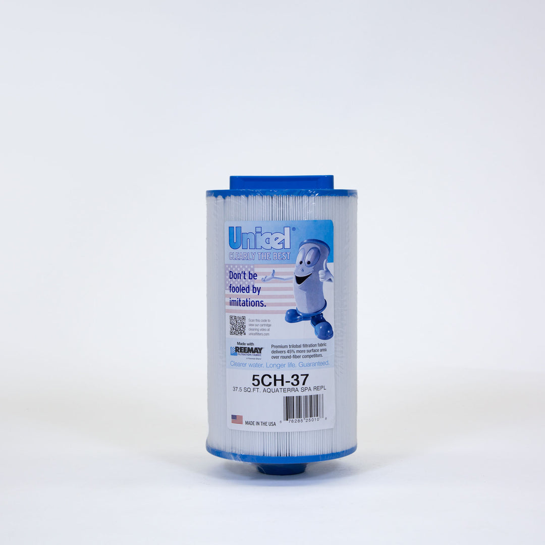 cylindrical replacement filter cartridge with blue end caps and white pleated filtration material wrapped in plastic