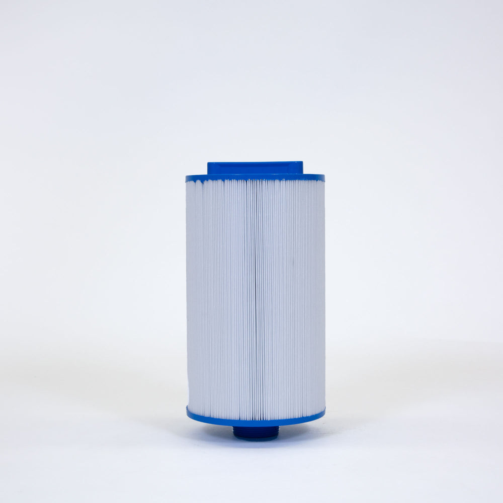 cylindrical pleated white filter cartridge with blue plastic caps on top and bottom on plain white background