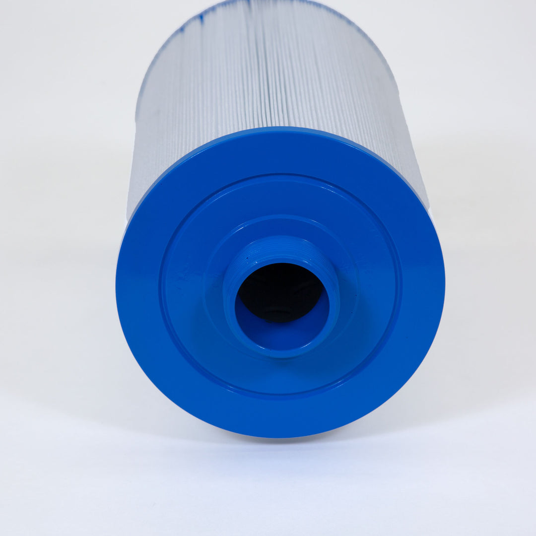 cylindrical pool filter cartridge with white pleated materials and blue plastic end caps with threaded center opening