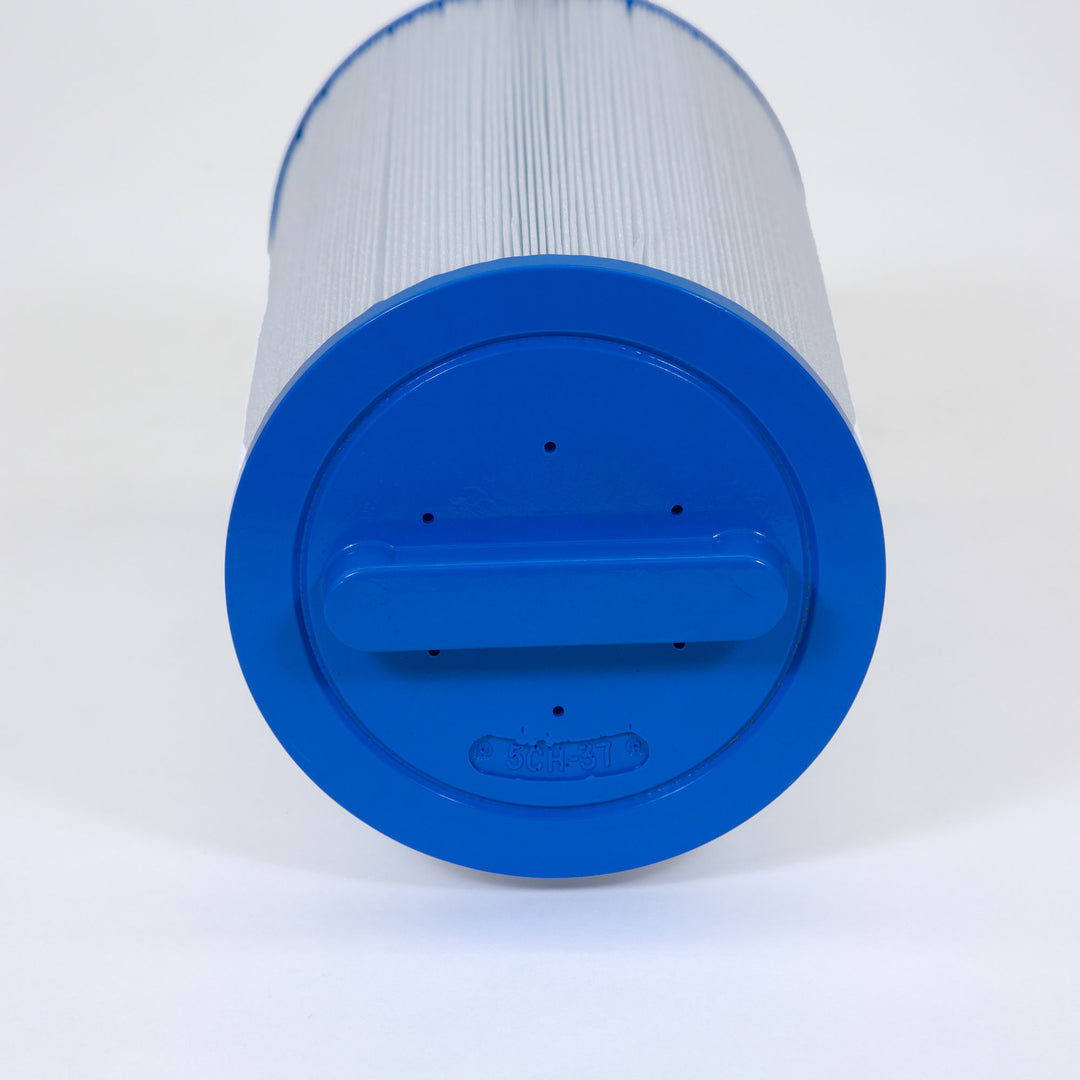 cylindrical replacement filter cartridge with white pleated filter material and blue plastic end cap with handle