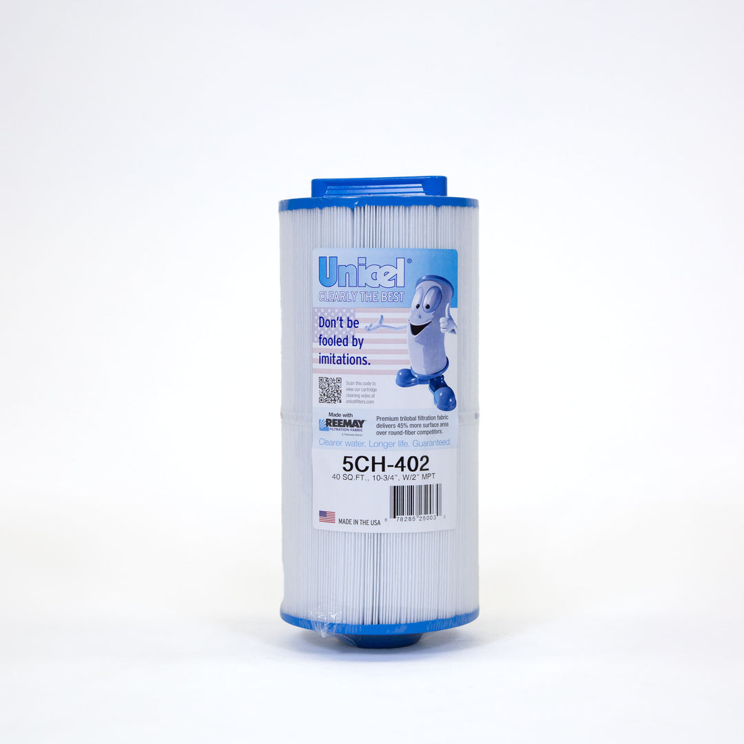 white cylindrical spa filter cartridge with blue edges and a label featuring text and a cartoon character