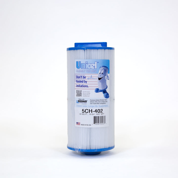 white cylindrical spa filter cartridge with blue edges and a label featuring text and a cartoon character