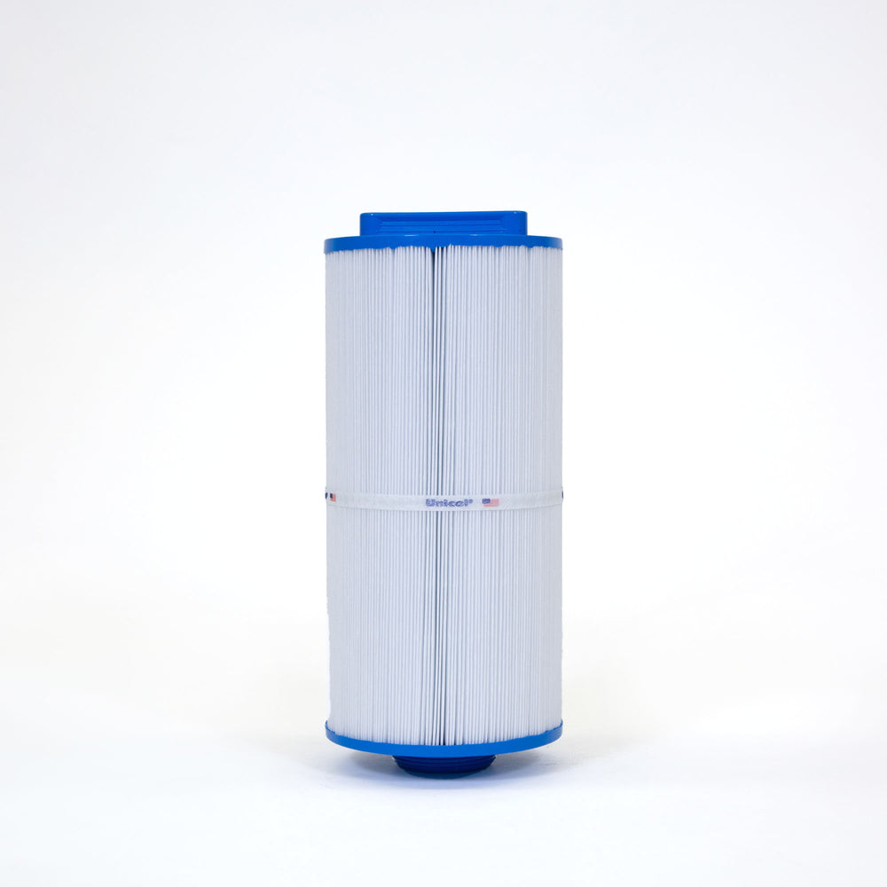Tall cylindrical spa filter cartridge with white pleated material and blue plastic end caps on plain white background