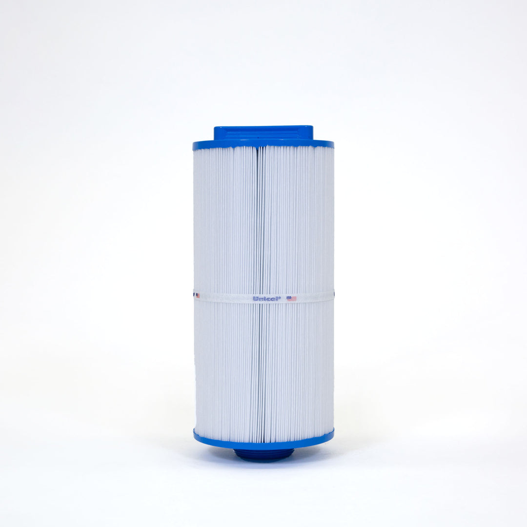 Tall cylindrical spa filter cartridge with white pleated material and blue plastic end caps on plain white background