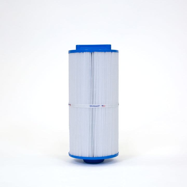 Tall cylindrical spa filter cartridge with white pleated material and blue plastic end caps on plain white background