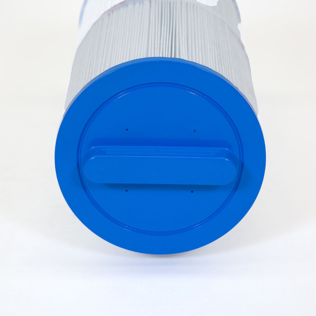 cylindrical spa filter cartridge with white pleated filter material and blue plastic end cap with handle