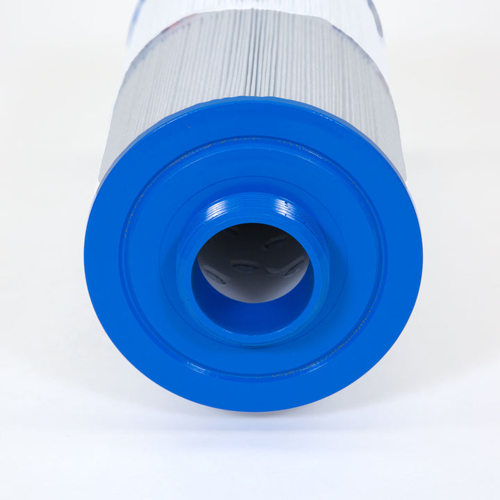 Spa filter cartridge with pleated white filter material and bright blue circular plastic end cap with a central hole