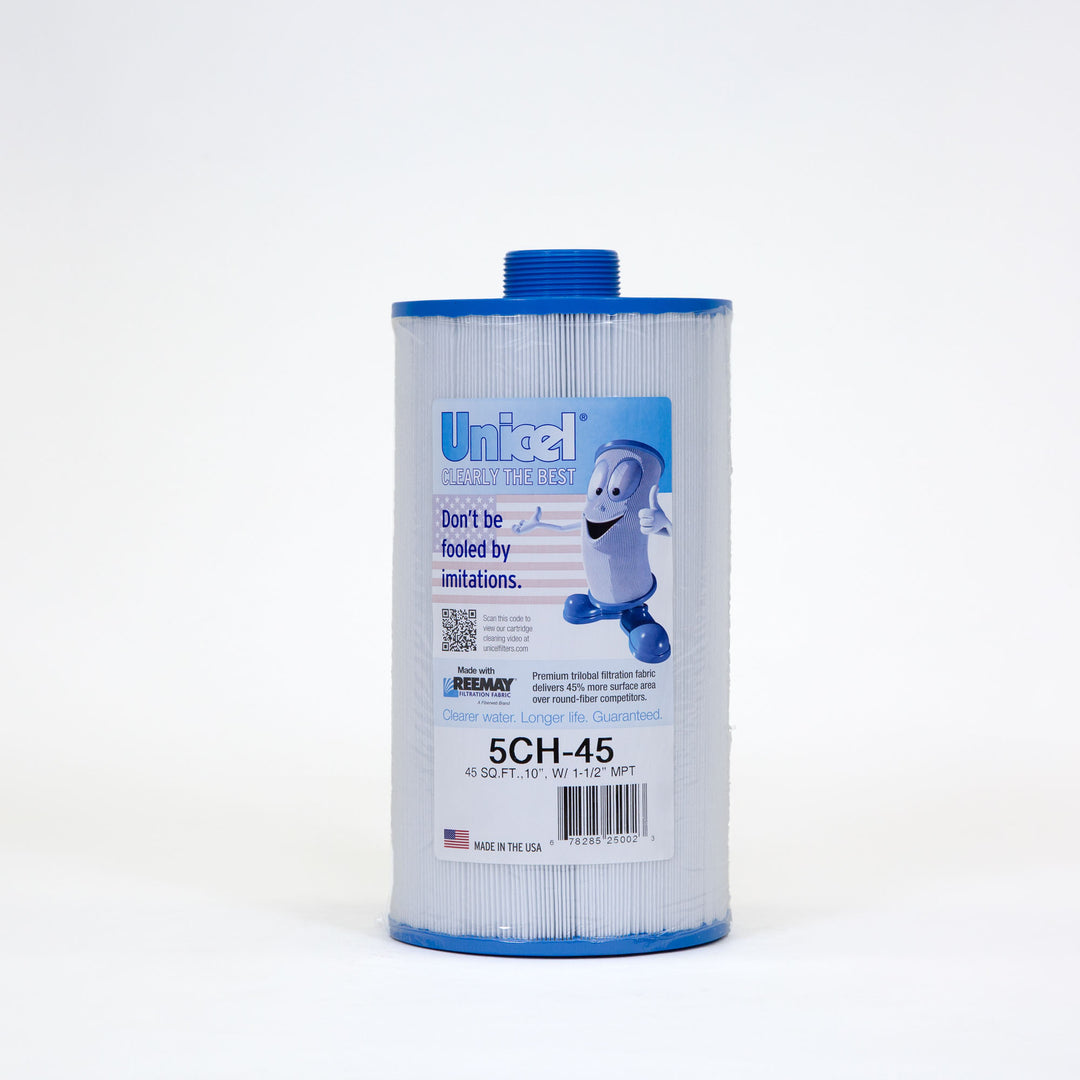 cylindrical white pool filter cartridge with blue top and bottom edges and label featuring text and a cartoon filter character giving a thumbs up