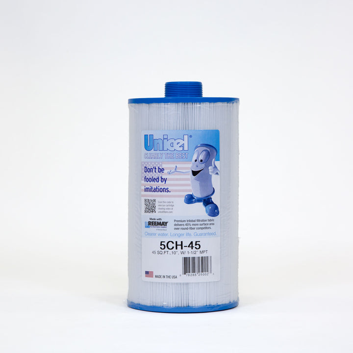 cylindrical white pool filter cartridge with blue top and bottom edges and label featuring text and a cartoon filter character giving a thumbs up