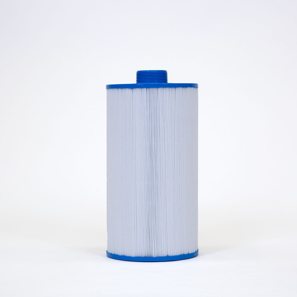 cylindrical white filter cartridge with pleated surface and blue plastic caps on top and bottom
