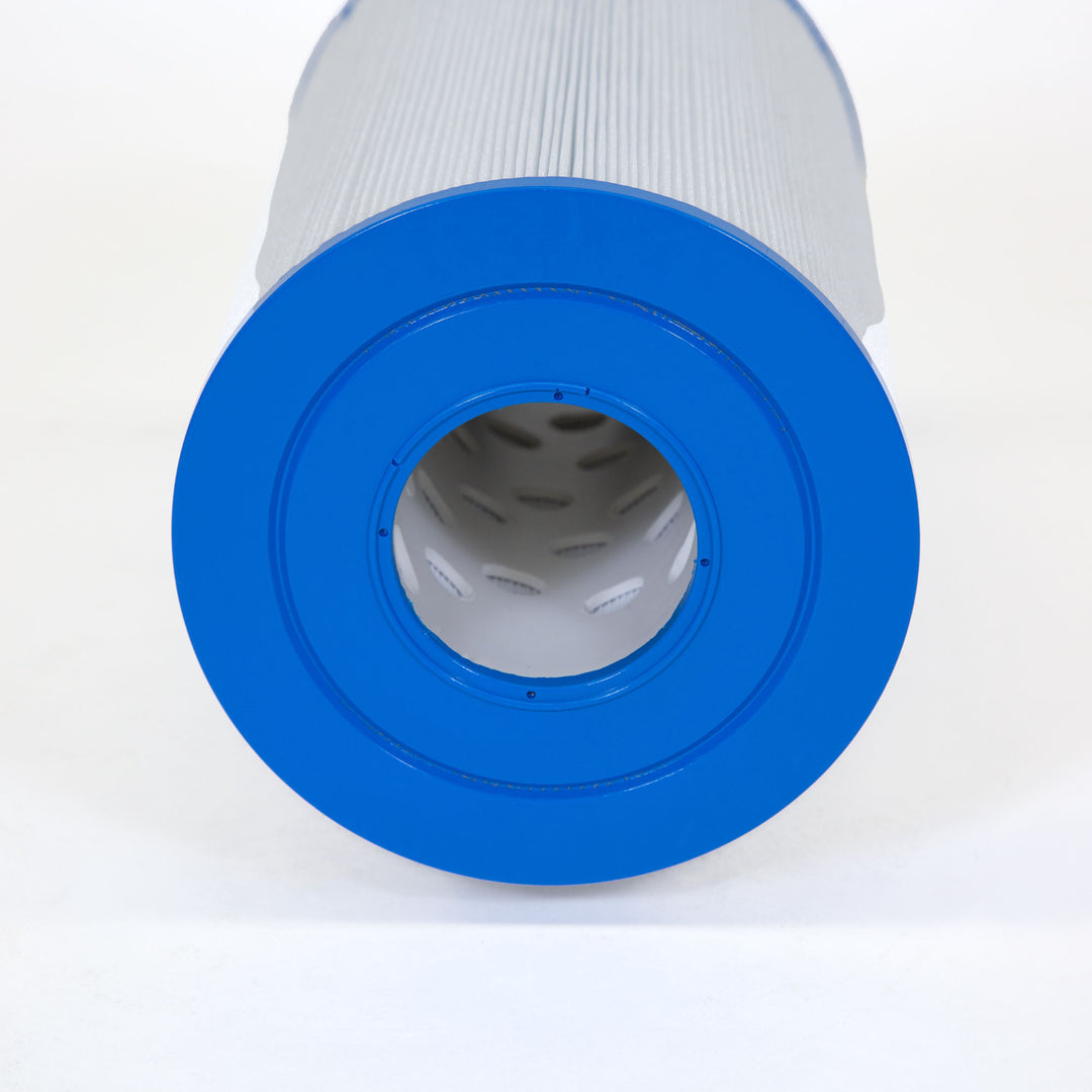 cylindrical spa filter cartridge with white pleated material and solid bright blue circular end cap