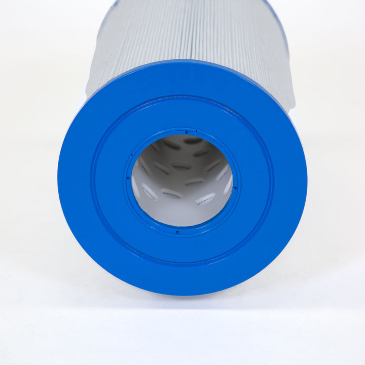 cylindrical spa filter cartridge with white pleated material and solid bright blue circular end cap