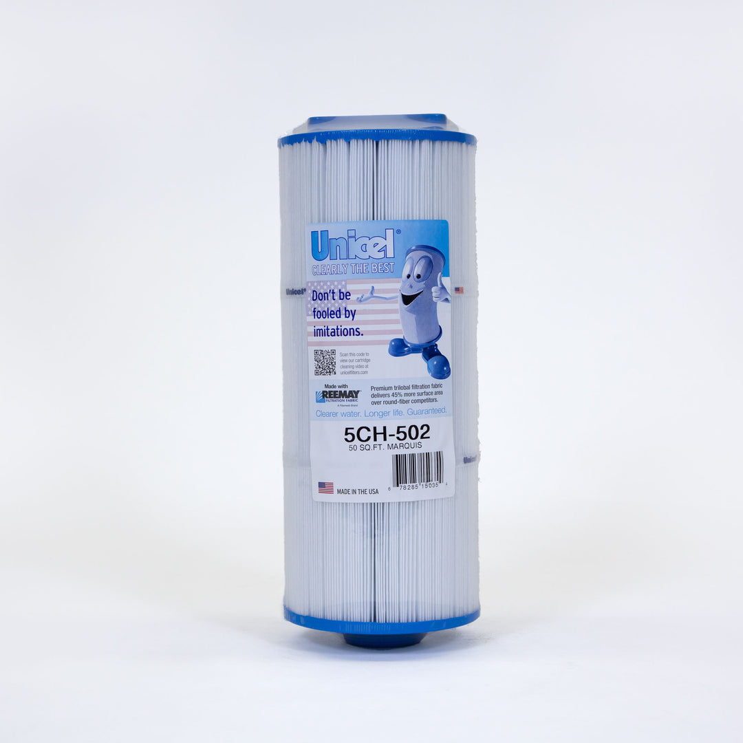 cylindrical pool filter cartridge with white pleated material and blue caps on both ends standing upright on white background