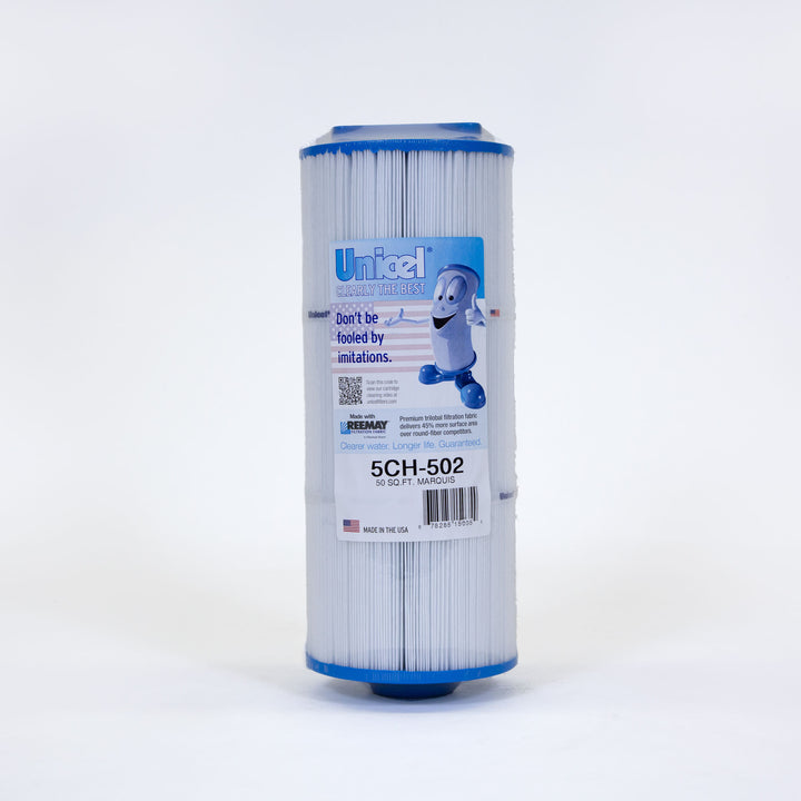 cylindrical pool filter cartridge with white pleated material and blue caps on both ends standing upright on white background
