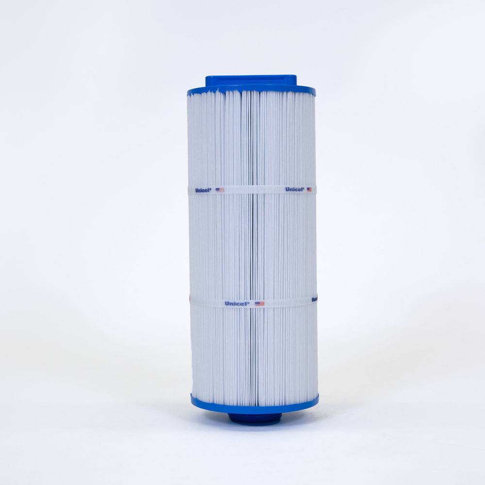 Tall cylindrical pool filter cartridge with pleated white material and blue end caps on a white background