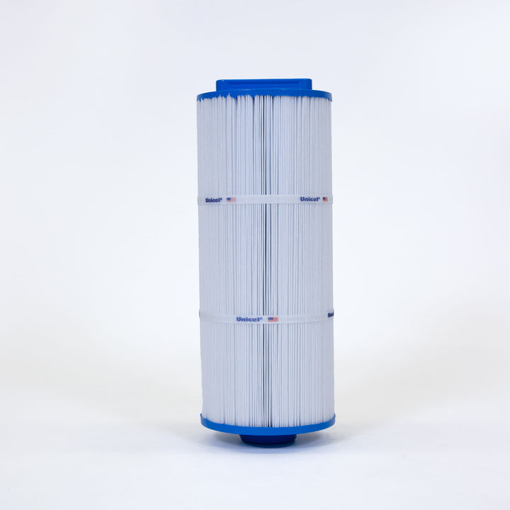 Tall cylindrical pool filter cartridge with pleated white material and blue end caps on a white background