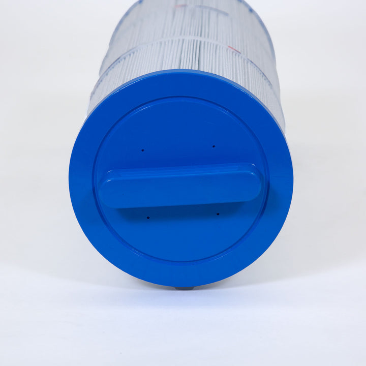 Cylindrical pool spa filter cartridge with pleated white material and solid blue plastic end cap with handle