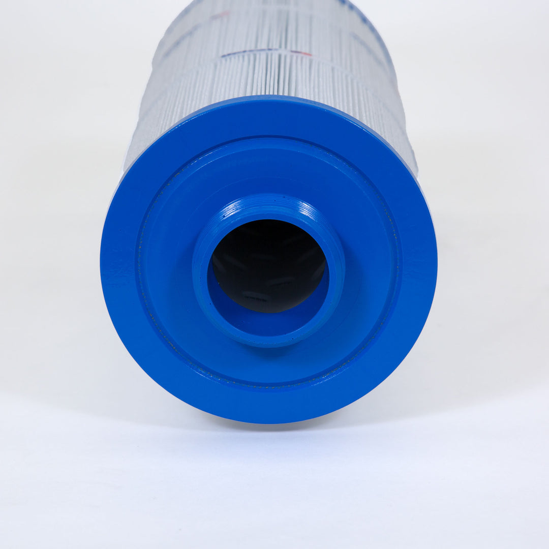 cylindrical pool and spa filter cartridge with a blue plastic end cap and pleated white filter material