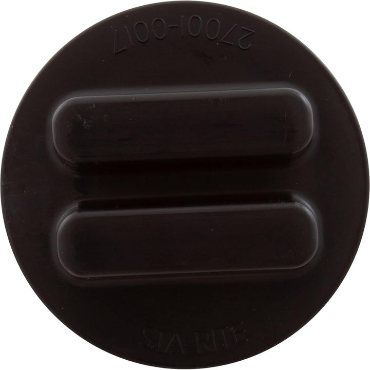 round black plastic drain plug with two raised rectangular grips on top and embossed text