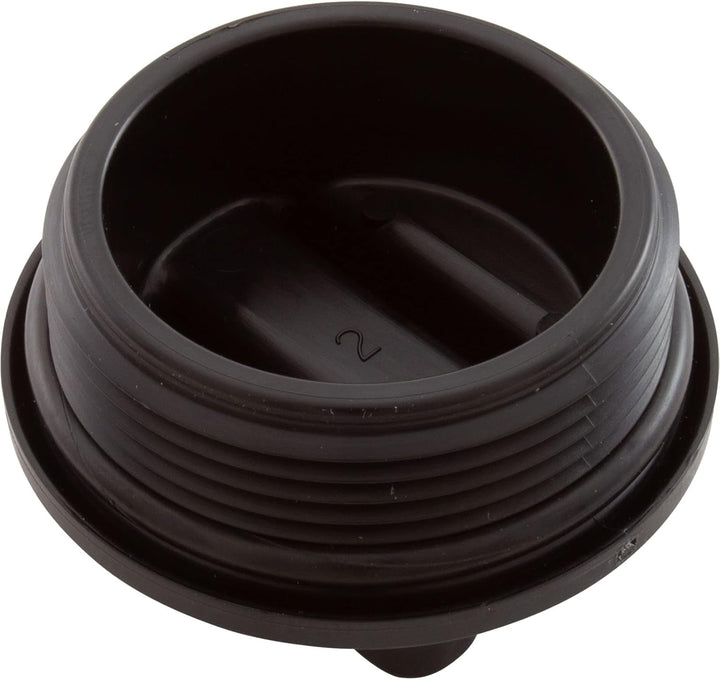 black threaded round drain plug assembly with ridged grip and two raised sections inside circular opening