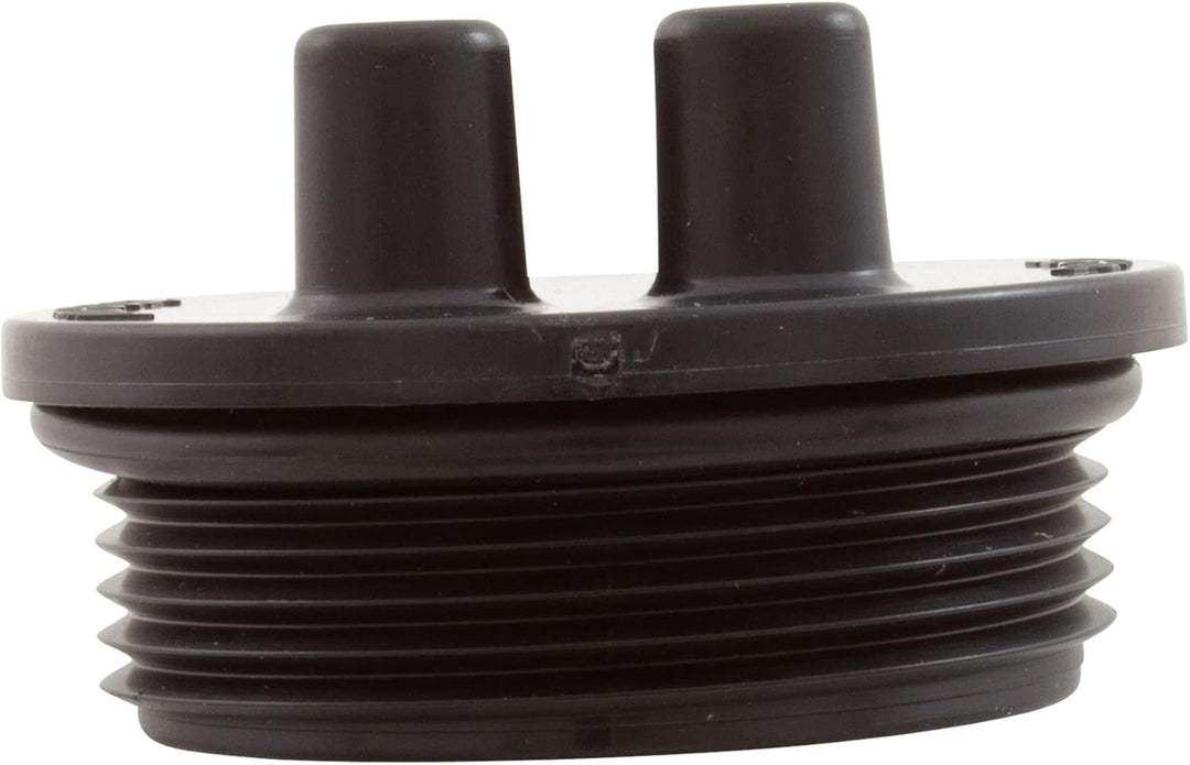 black plastic drain plug assembly with threading and two rounded protrusions on top for grip or tool engagement
