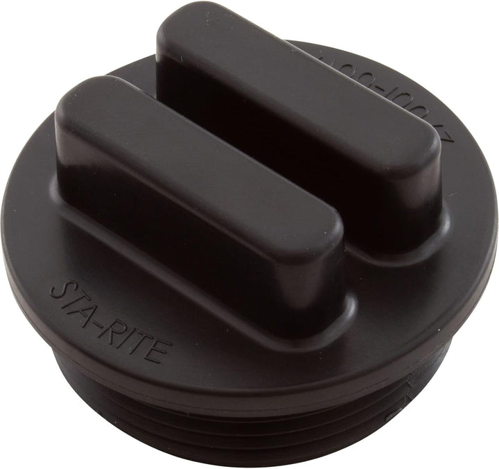 round dark plastic drain plug with two horizontal ridges on top and embossed Sta-Rite branding