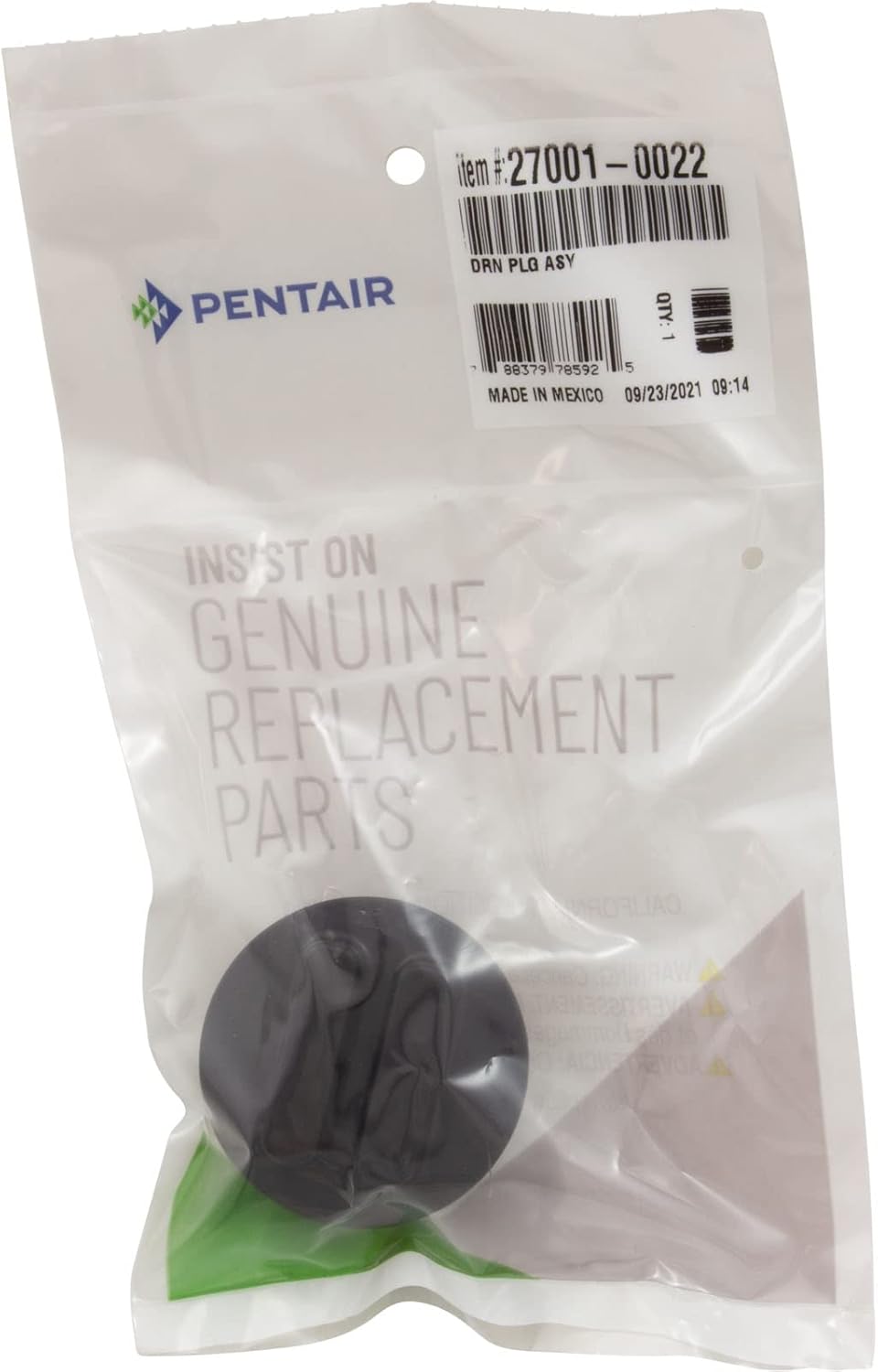 clear plastic packaging with Pentair logo containing a black circular drain plug assembly with label showing item number 27001-0022