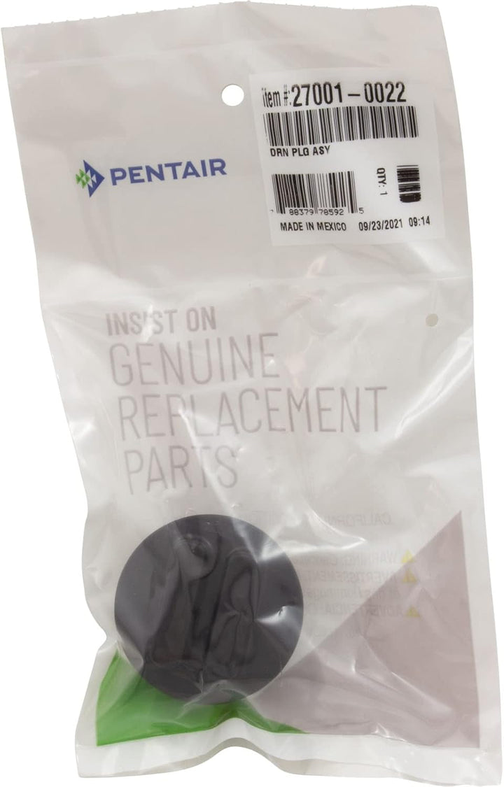 clear plastic packaging with Pentair logo containing a black circular drain plug assembly with label showing item number 27001-0022