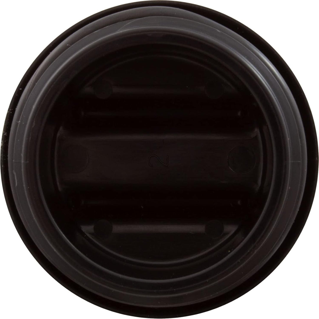 round black drain plug assembly with horizontal ridges and circular grooved edge for sealing