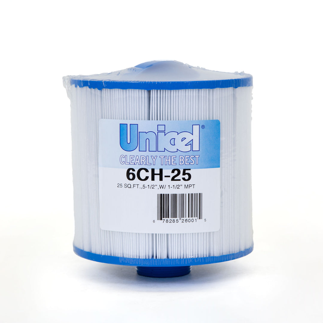 cylindrical pool or spa filter cartridge with white pleated filter material and blue end caps wrapped in clear plastic