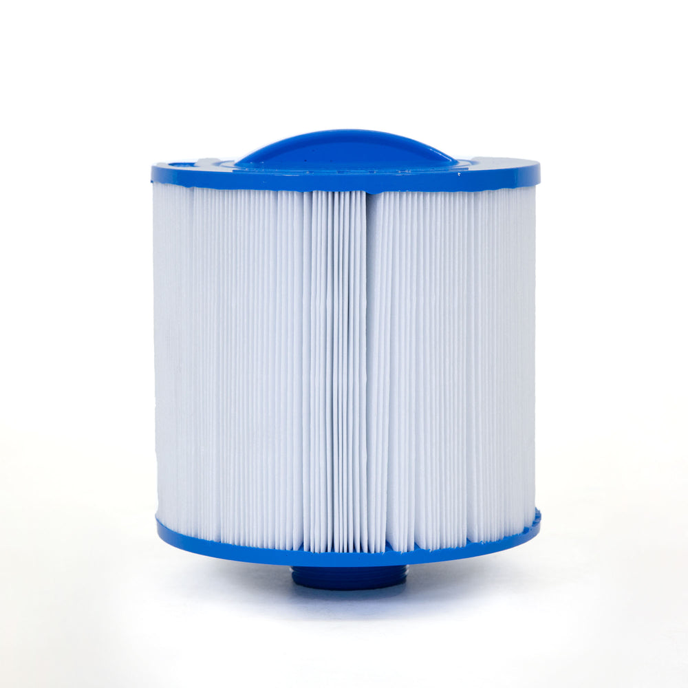 cylindrical cartridge filter with blue plastic top and bottom and white pleated filtering material