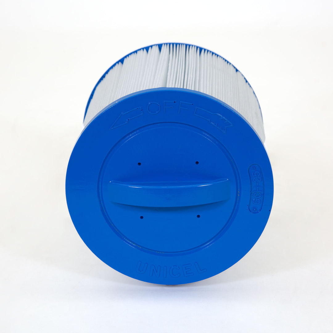 Cylindrical pool filter cartridge with blue plastic end caps and white pleated filter material inside