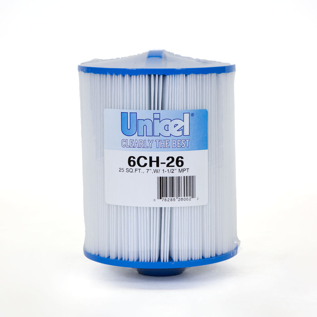 cylindrical white pleated filter cartridge with blue end caps and Unicel label showing model 6CH-26