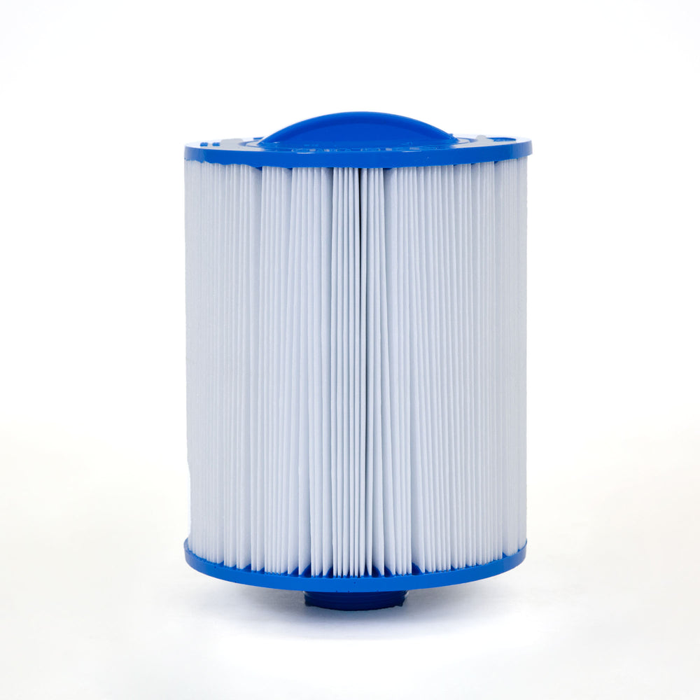 vertical cylindrical water filter cartridge with white pleated material and blue plastic end caps on white background